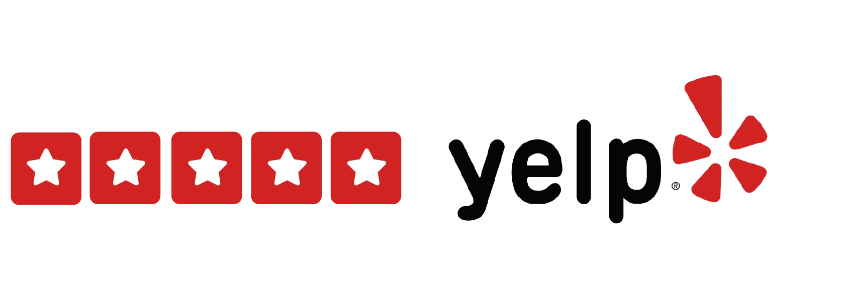 Five red stars and Yelp logo, representing reviews